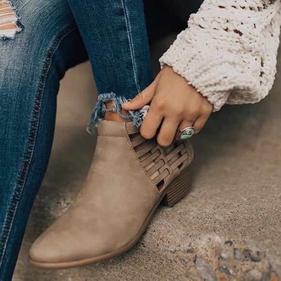 Chic Taupe Cutout Sides Low Heel Ankle Booties - Picture 6 of 8